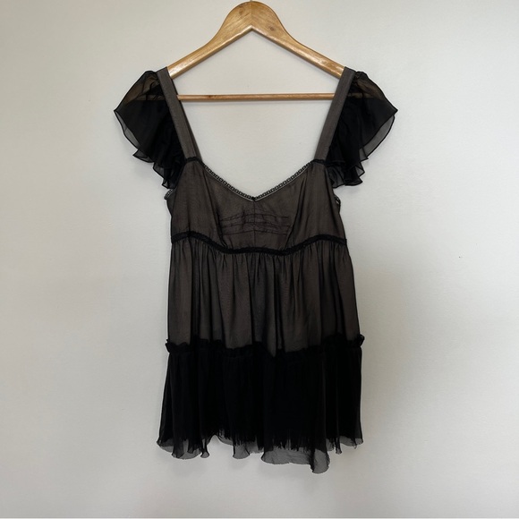 Dolce & Gabbana Vintage Babydoll Chiffon Blouse Black & Tan with Fringe Small - Picture 2 of 9